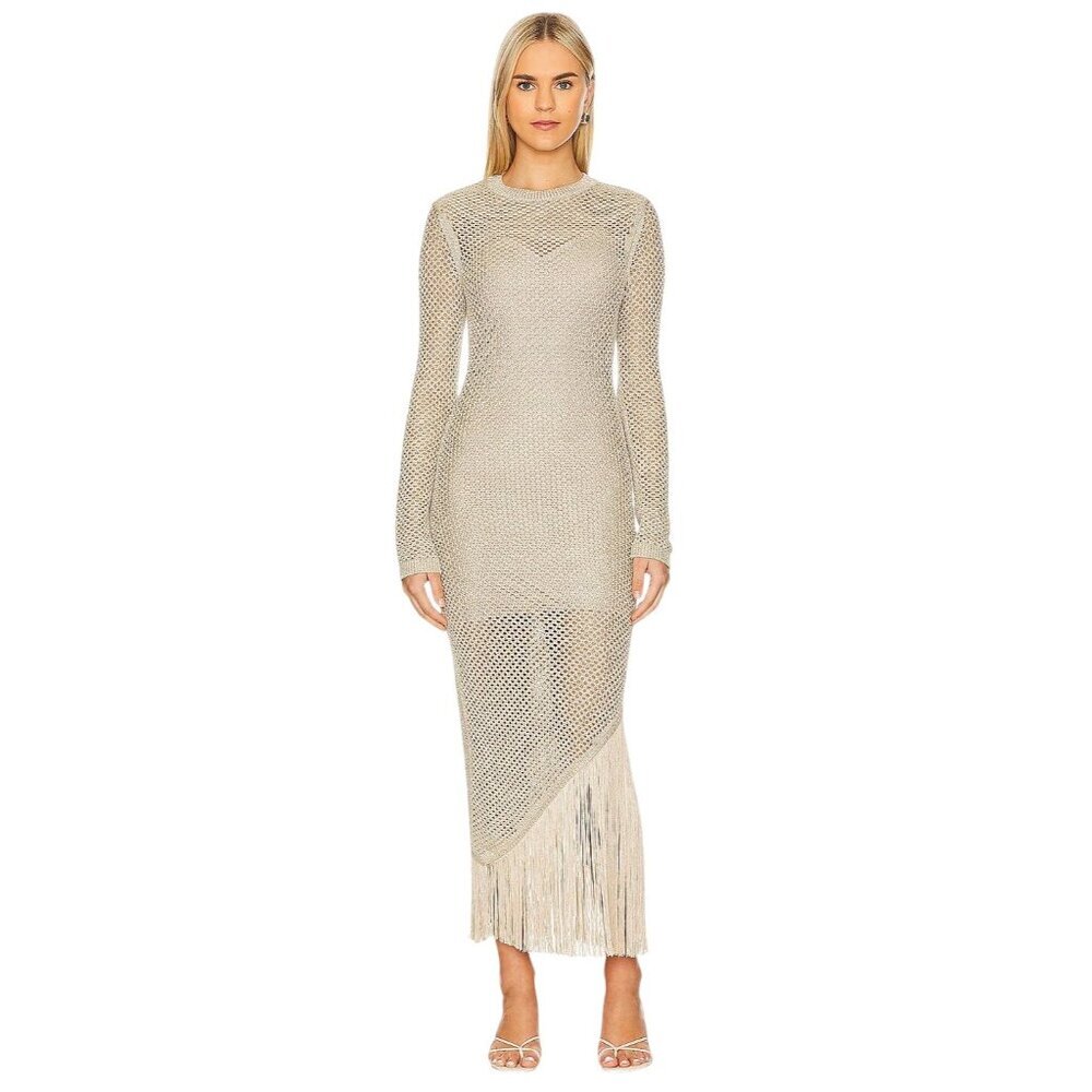 ALLSAINTS Jesse Dress in Gold Medium New Womens Knit Crochet Maxi Fringe